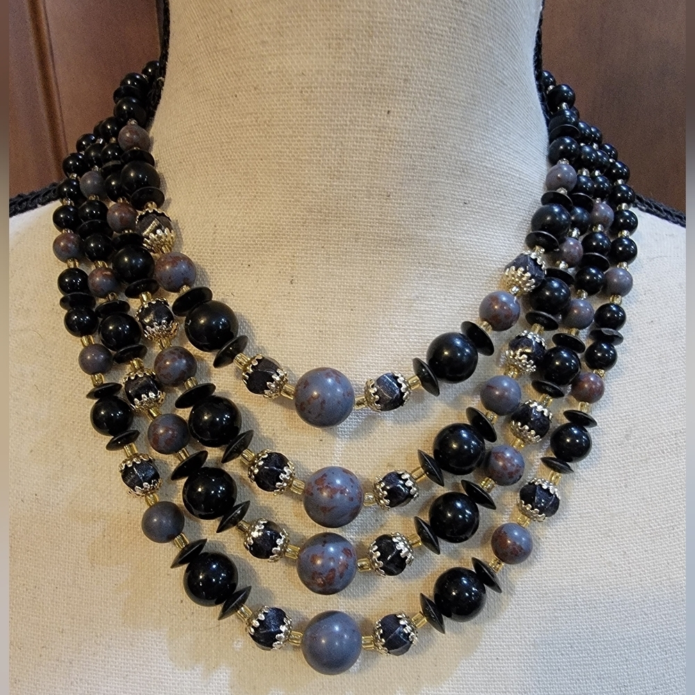 Vintage Japan Four Strand Black Blue Gray Beaded Collar Necklace 12-16”